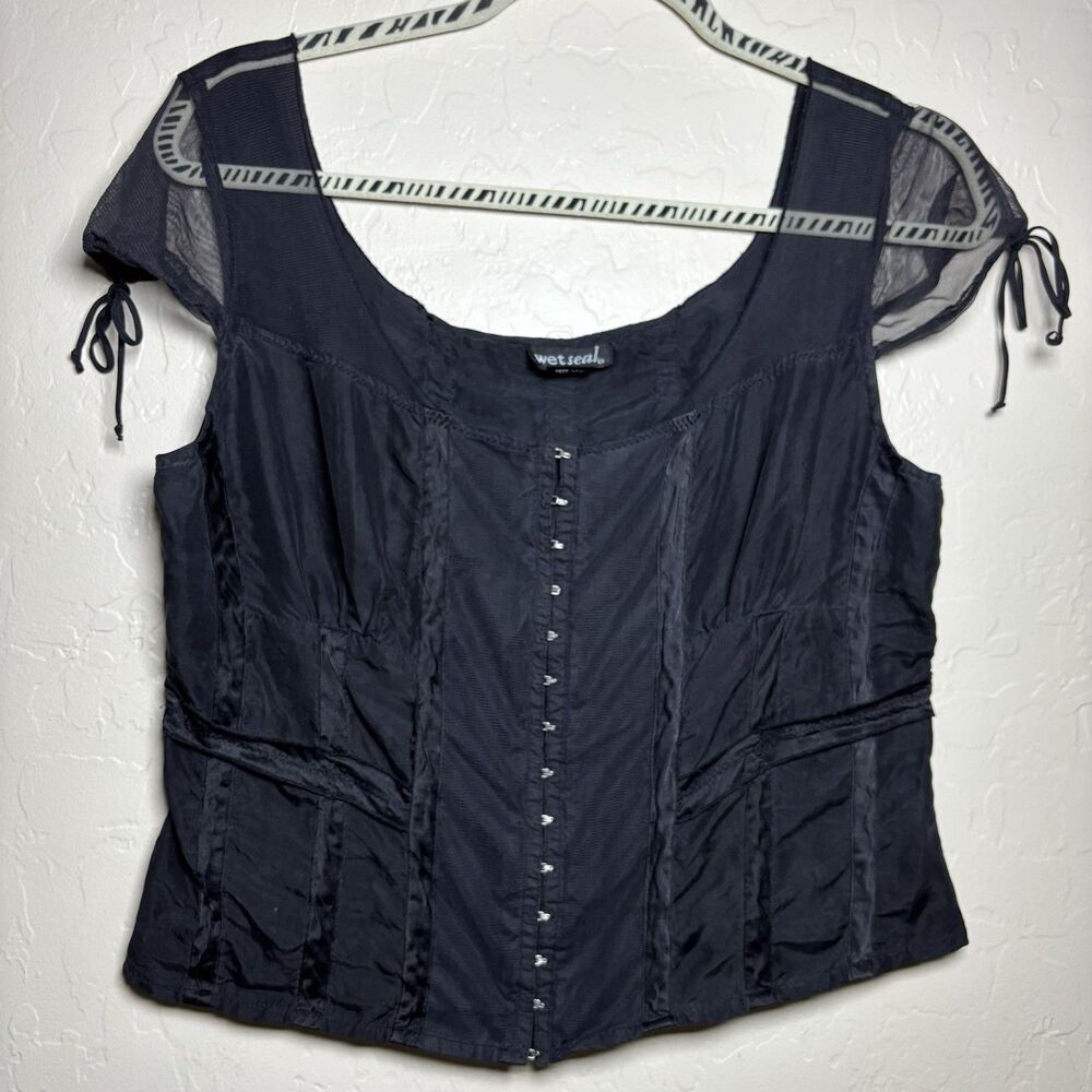 Wet Seal Womens L Black Corset Top Y2K Goth Sheer Cap Sleeve Hook Eye Blouse